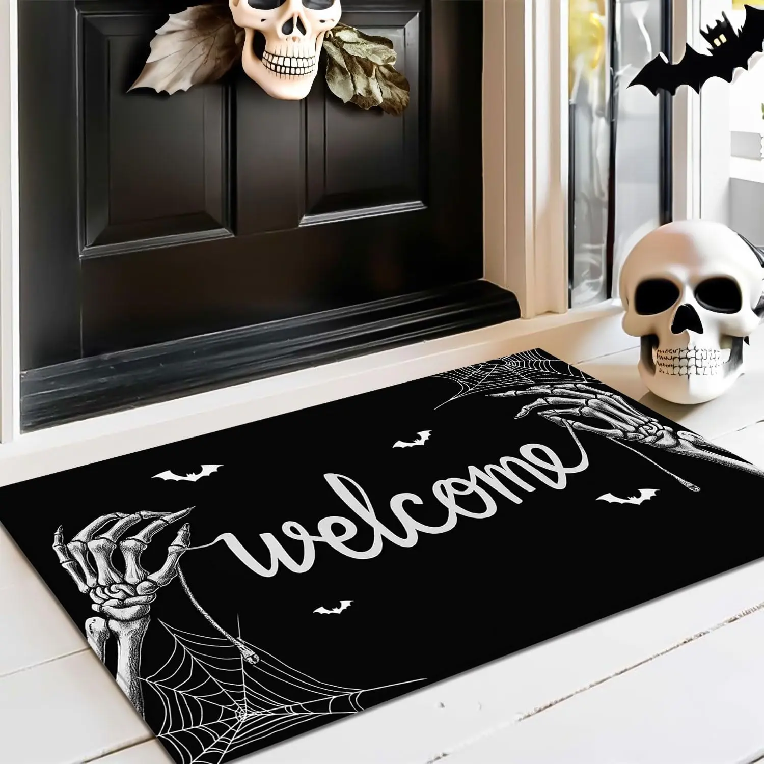 Halloween Skull Doormat Non-Slip Rubber Halloween Welcome Mat with Bats Spider Web Design for Indoor/Outdoor Entryway Halloween Decor