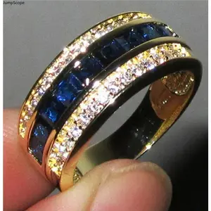 18K Gold Plated Three-Row Channel Set Sapphire & White Cubic Zirconia Band Ring, Two-Tone Inlaid Full Eternity Unisex Statement Ring, Luxury Dual Gem Stackable Finger Jewelry for Wedding Bands, Formal Styling & Couple Gift Giving