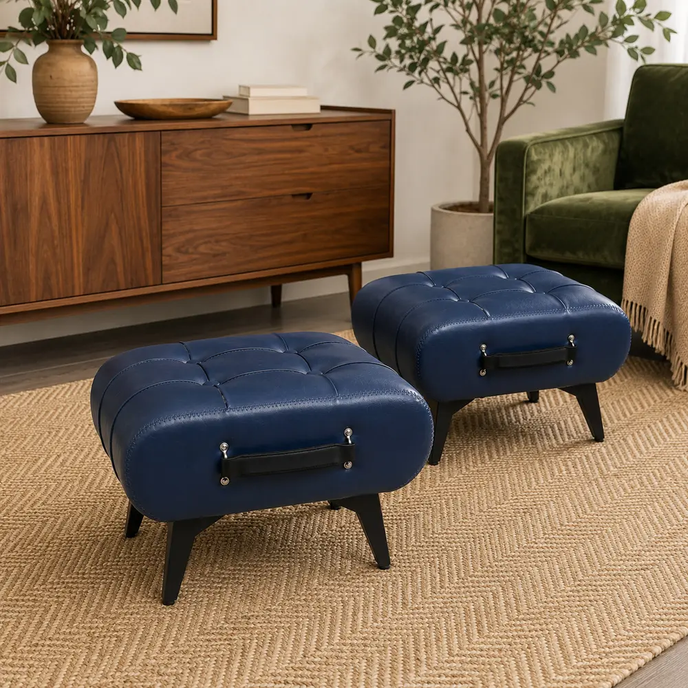 Premium Leather Square Padded Button-Tufted Storage Ottoman Footstool with Handles, Metal Legs, Hidden Storage, Minimalist Accent Bench for Living Room, Small Space Furniture, Multi-Color Home Decor Seat