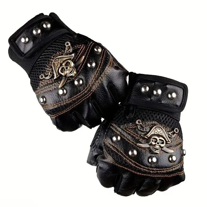 Men’s Pirate Studded Skull Half-Finger Gothic Gloves - Free Size Artificial Fabric, Breathable Biking Gear for Cosplay, Halloween Costume Parties, Gym Training (Bikers’ Accessory)