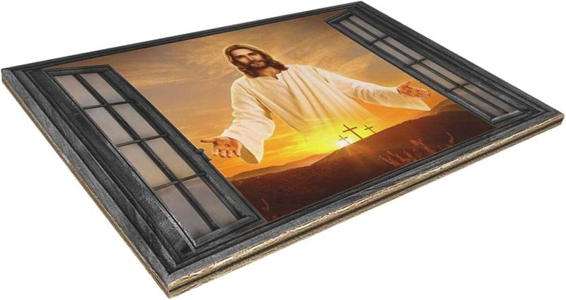1 Count Jesus Christ Canvas Wall Art Jesus Greets You Welcome Back Window View Sunset Poster Christian Religious Modern Artwork Christ Spiritual Prints Framed Wall Decor For Bedroom Living Room 16x24inch