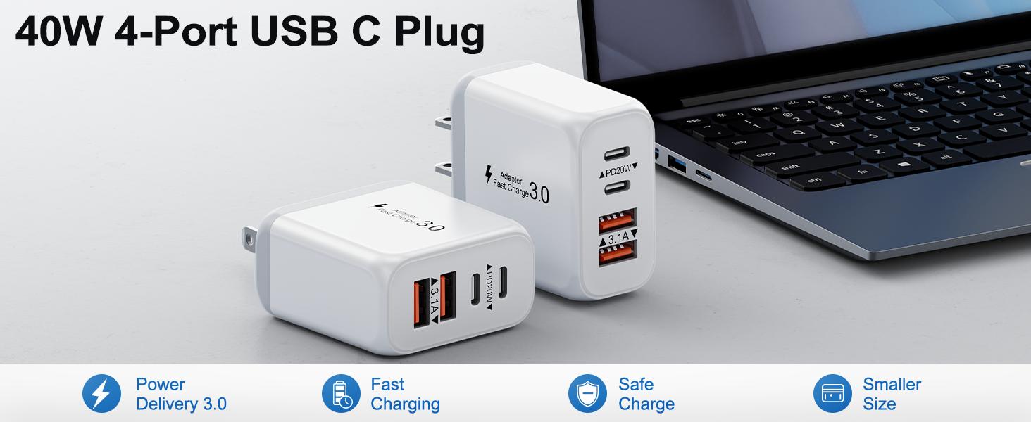 40W USB C Charger Block, 2 Pack 4-Ports Type C Fast Cubes PD USBC Wall Plug+QC 3.0 USB A, Multiple USB C Charger for iPhone 16/15/14/13/12/11 Pro Max/XS, Galaxy, iPad, Tablet, Pixel 40W USB C Charger Block, 2 Pack 4-Ports Type C Fast Cubes PD USBC Wall Plug+QC 3.0 USB A, Multiple USB C Charger for iPhone 16/15/14/13/12/11 Pro Max/XS, Galaxy, iPad, Tablet, Pixel
