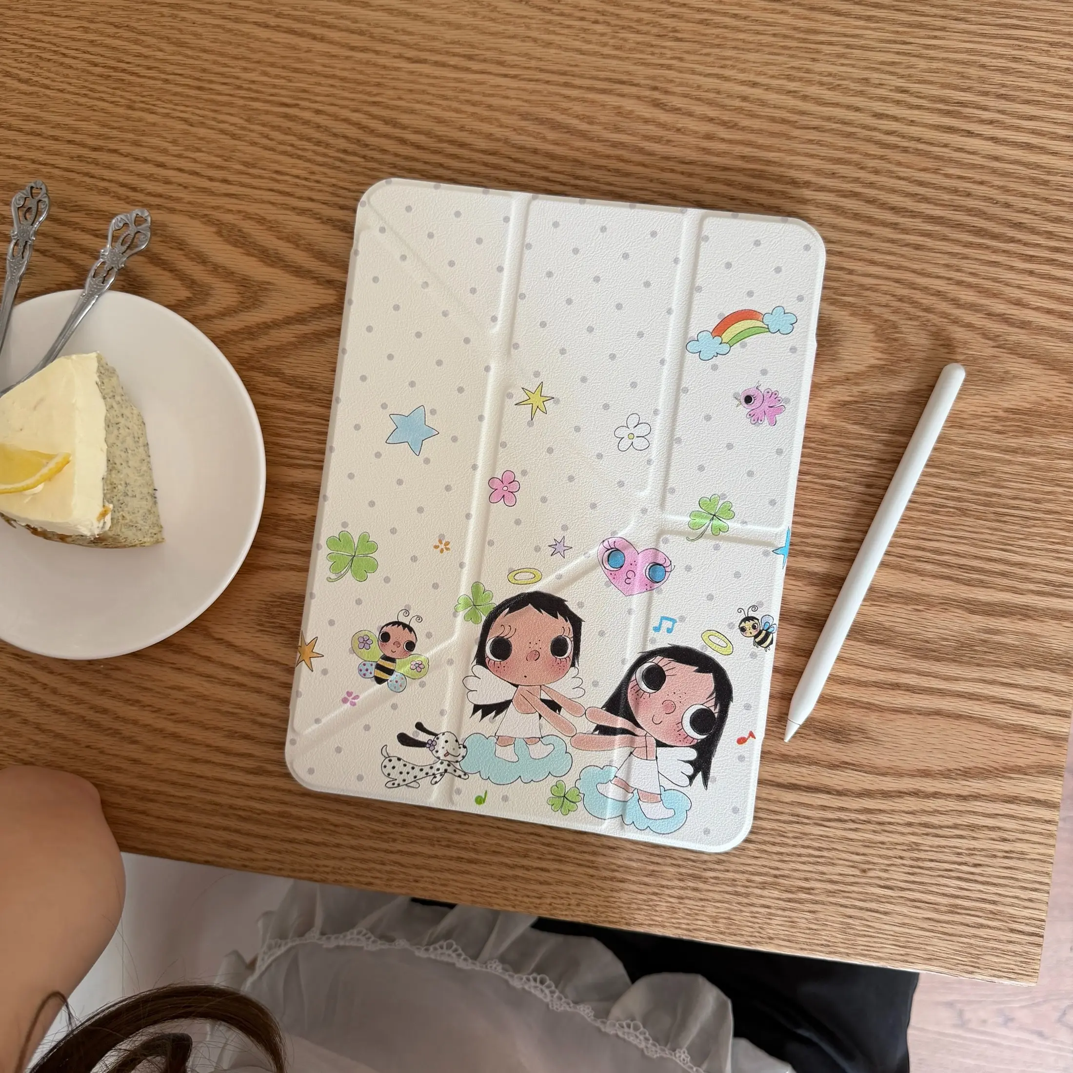 Cute Cartoon Polka Dot Tablet Case with Pen Slot, Compatible with iPad Air 11/13, Pro 12.9, Mini 7, Acrylic Shockproof Cover, Girl Gift, Kid iPad Cover