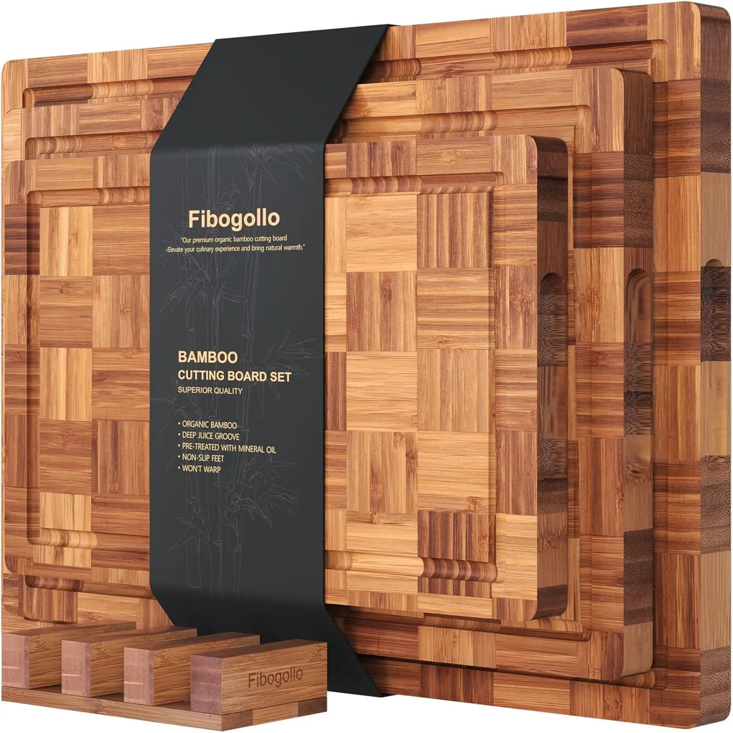 Bamboo Cutting Boards for(Set of 3),with Juice,End Grain Serving Board with Holder,Bamboo Block for Meat,Vegetables,Fruit