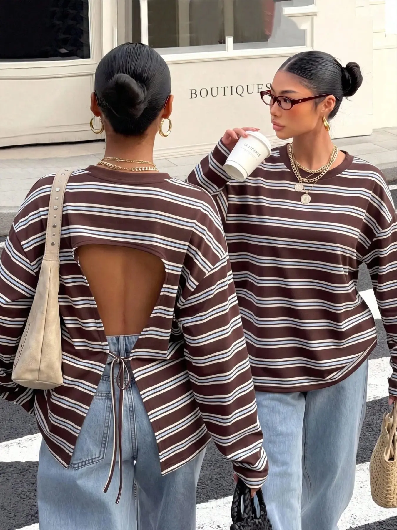 Vintage Striped Loose Back Tie Long Sleeve T-Shirt, Y2K Style, Versatile for Commute, Dates, Parties, Vacation Tops