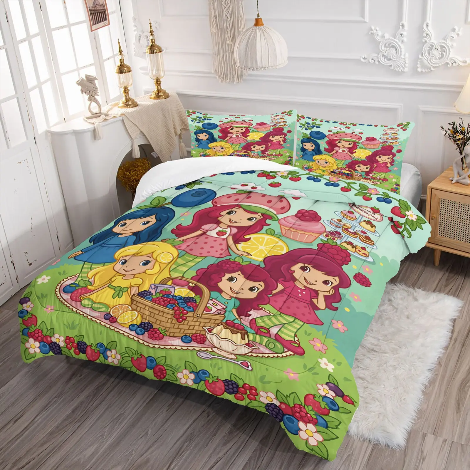 Spring Picnic Basket Print Quilted Comforter Set, Include 1 Quilt Core and 1/2 Pillowcases, Strawberry Blueberry Cupcakes Themed Cute Decor Bedding, Soft Comfortable, Lightweight and Breathable