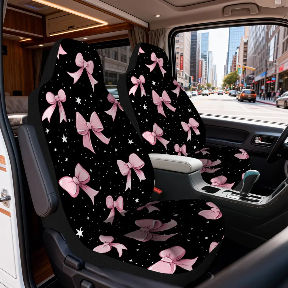 2D Flat Printing, 2pcs Pink Bows on Black Background Car Seat Covers, Universal Fit for 2 Front Seats, Beautiful Additions to Create Elegant Car Interior, Easy to Install, Bringing a New Decorative Style to Your Beloved Vehicle