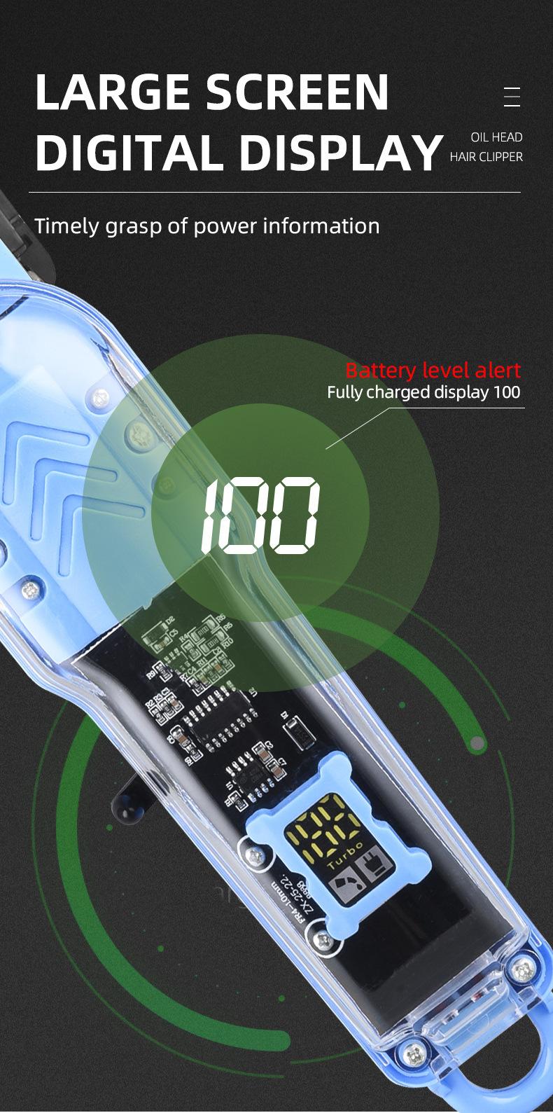 Professional hair clipper with transparent LCD digital display, electric hair clipper for barbershop, carving oil head electric trimmer, men's edge trimmer and shaver