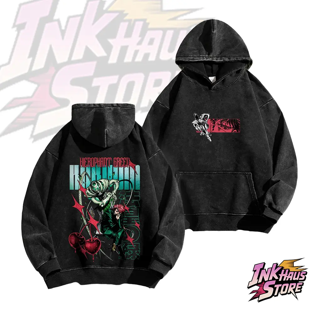 Anime Kakyoin Noriaki Stand Hierophant Green Graphic Vintage Washed--Long Sleeve Cotton Unisex Vintage Hoodie