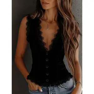 Women's Western Style V-Neck Vest Lace Trim Single-breasted Cowgirl Sexy Fashion Spicy Waist Cincined Punk Waistcoat
