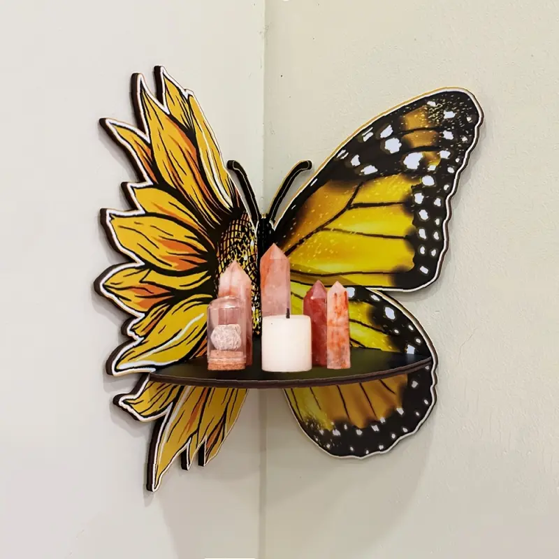 Sunflower Butterfly Wooden Corner Shelf, Creative Butterfly Sunflower Design Wall Floating Shelf, Bohemian Farmhouse Corner Wall Mount Shelf for Bedroom Living Room Bathroom Home Wall Decor, Wall Organizer, Aesthetic Bathroom Decor
