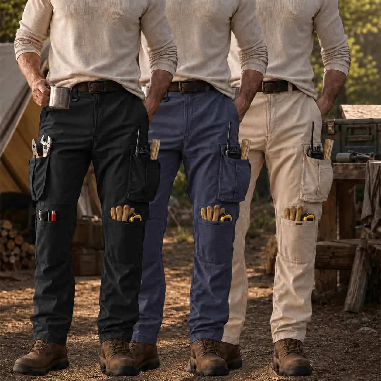Men’s 3PCS Polyester Utility Cargo Pants - Straight Leg, Multi-Pocket Workwear for Hiking, Construction, Polyester Clothes