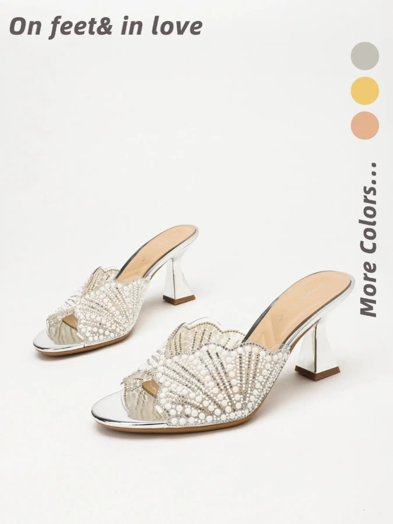 Women's All Sizes Pearl Rhinestone Embellished Transparent PVC Scalloped Open Toe Slip On Flared Pyramid Heel Mule Sandals, Fashionable Rhinestone Sandals, Stable Block Heel Non Slip Cushioned Sparkly Heels for Wedding Bridal Prom Cocktail Party