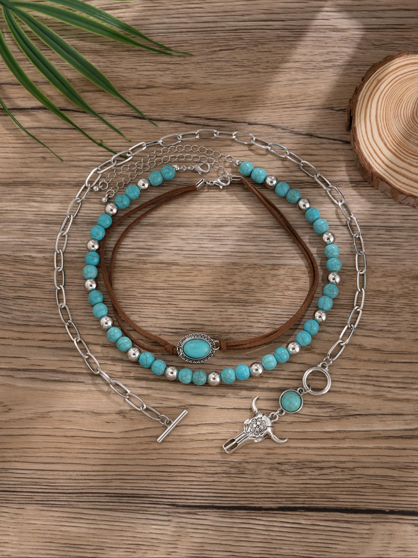 Vintage Cow Head Decor Beaded & Pendant Necklaces, Boho Style Turquoise Decor Necklace for Women & Girls, Party, Daily Clothing Decor, Birthday Gift, Daily Wear Necklace