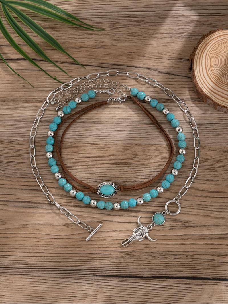 Vintage Cow Head Decor Beaded & Pendant Necklaces, Boho Style Turquoise Decor Necklace for Women & Girls, Party, Daily Clothing Decor, Birthday Gift, Daily Wear Necklace