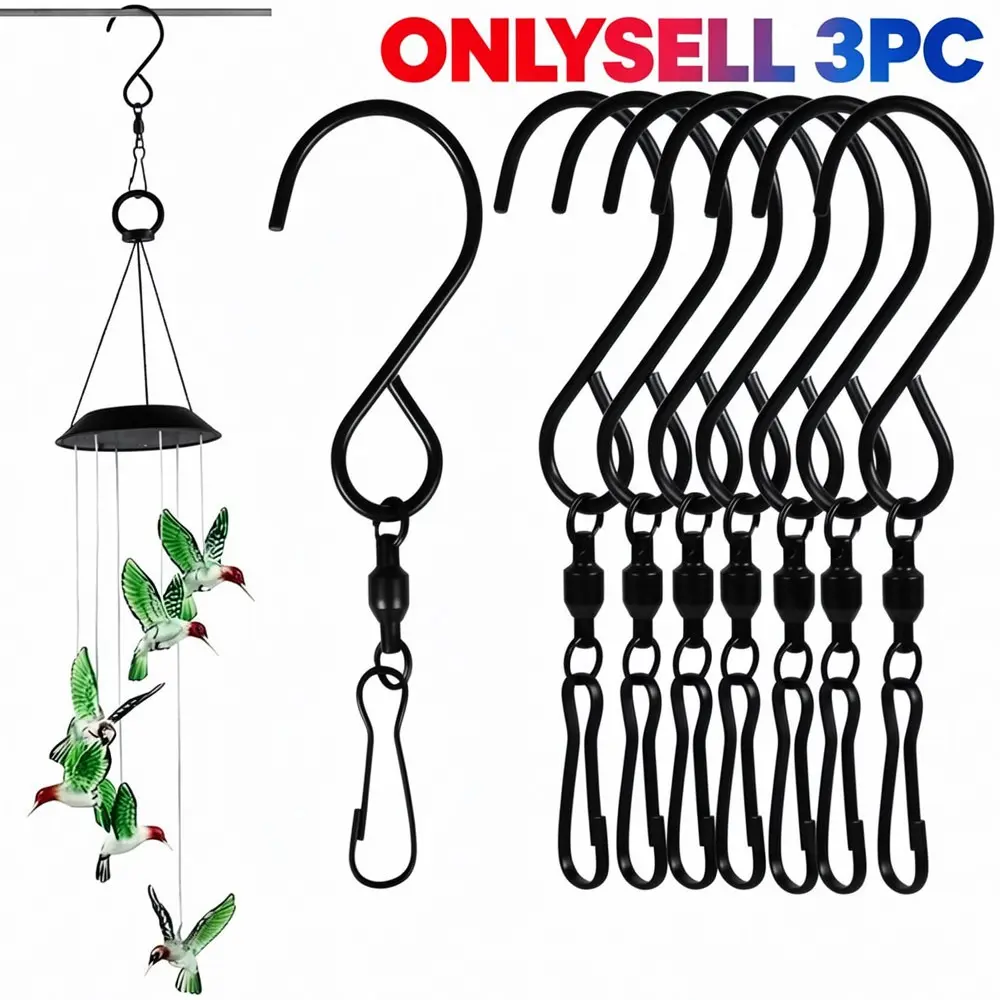 3 360-degree rotating hooks, Decorative Hooks, stainless steel clip-wall-mounted S-shaped hook, suitable for hanging windmills, wind chimes-easy to install, durable and rust-proof, ideal for kitchen, bedroom and party tools