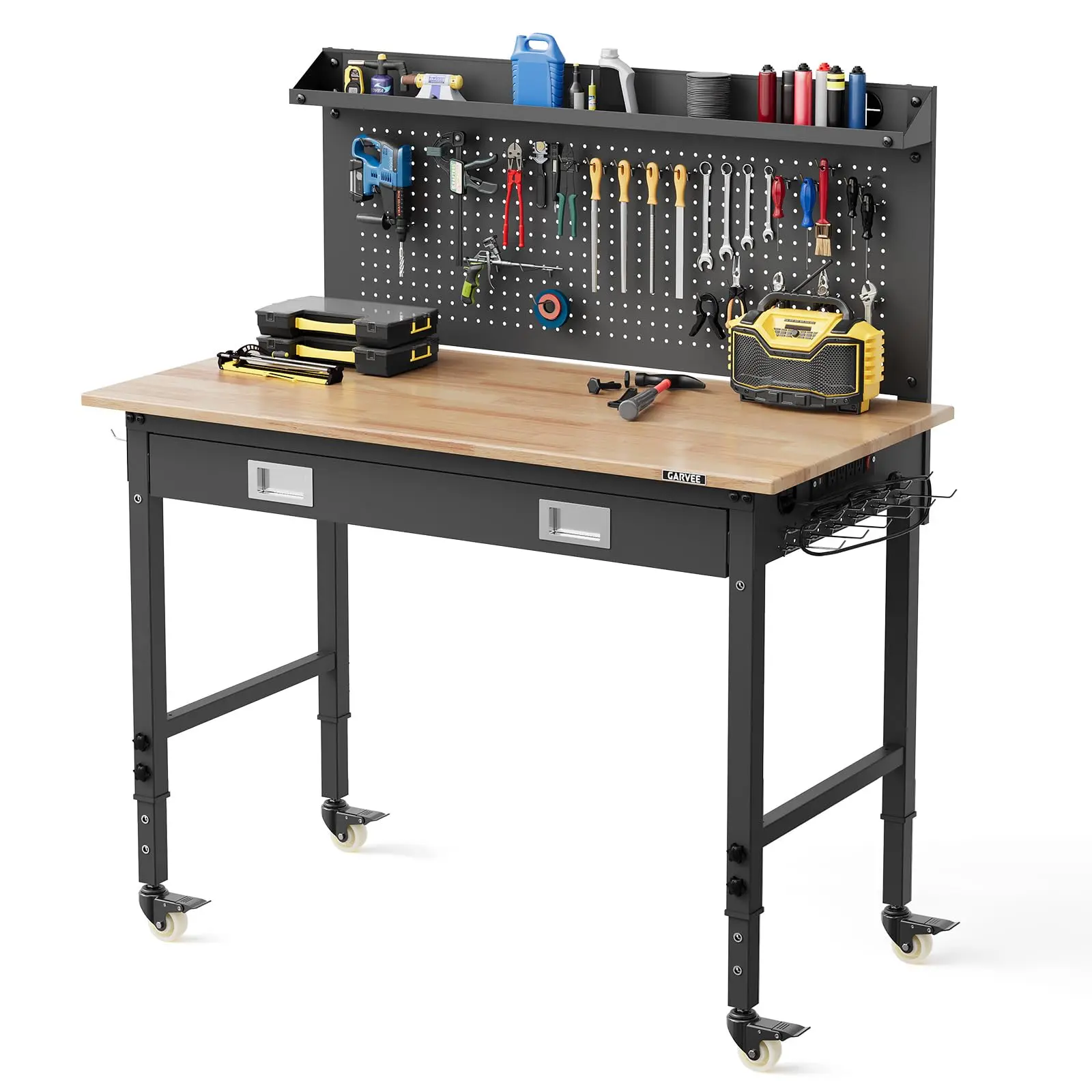 48 x 24 Inch Workbench with Drawer, Back Panel & LED Light Strip, 6-Level Adjustable Height, 2000 lb Capacity, Rubberwood Top, ETL Outlets, Swivel Casters, Pegboard & Hooks for Garage