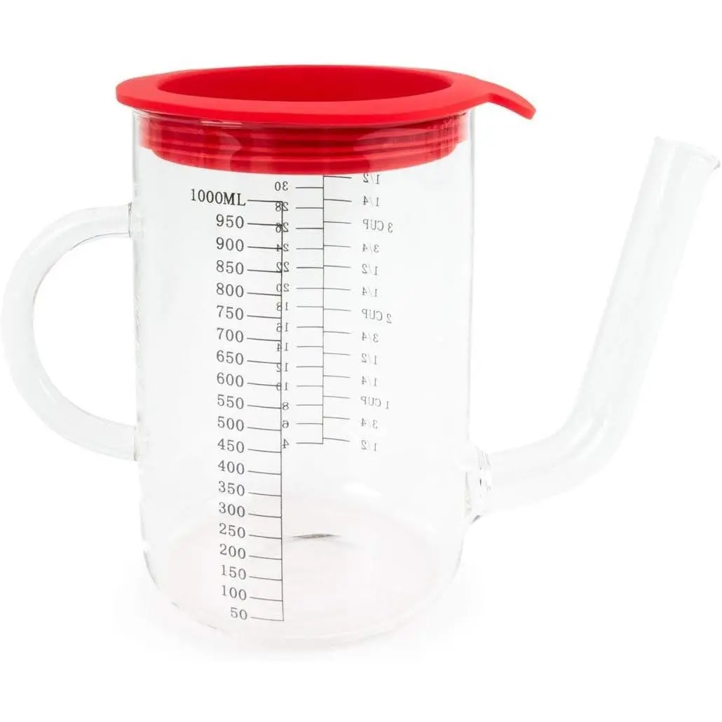 1L Glass Gravy & Fat Separator with Measurements and Strainer, Red and Clear