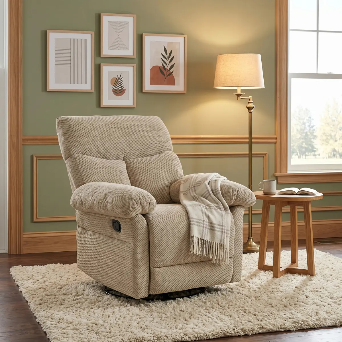 360° Swivel Rocker Recliner Chair with Manual Recline (Camel) | Plush Padded Armrests, Sturdy Internal Frame, for Living Room, Home Office, Lounge, Reading Nook, Apartment