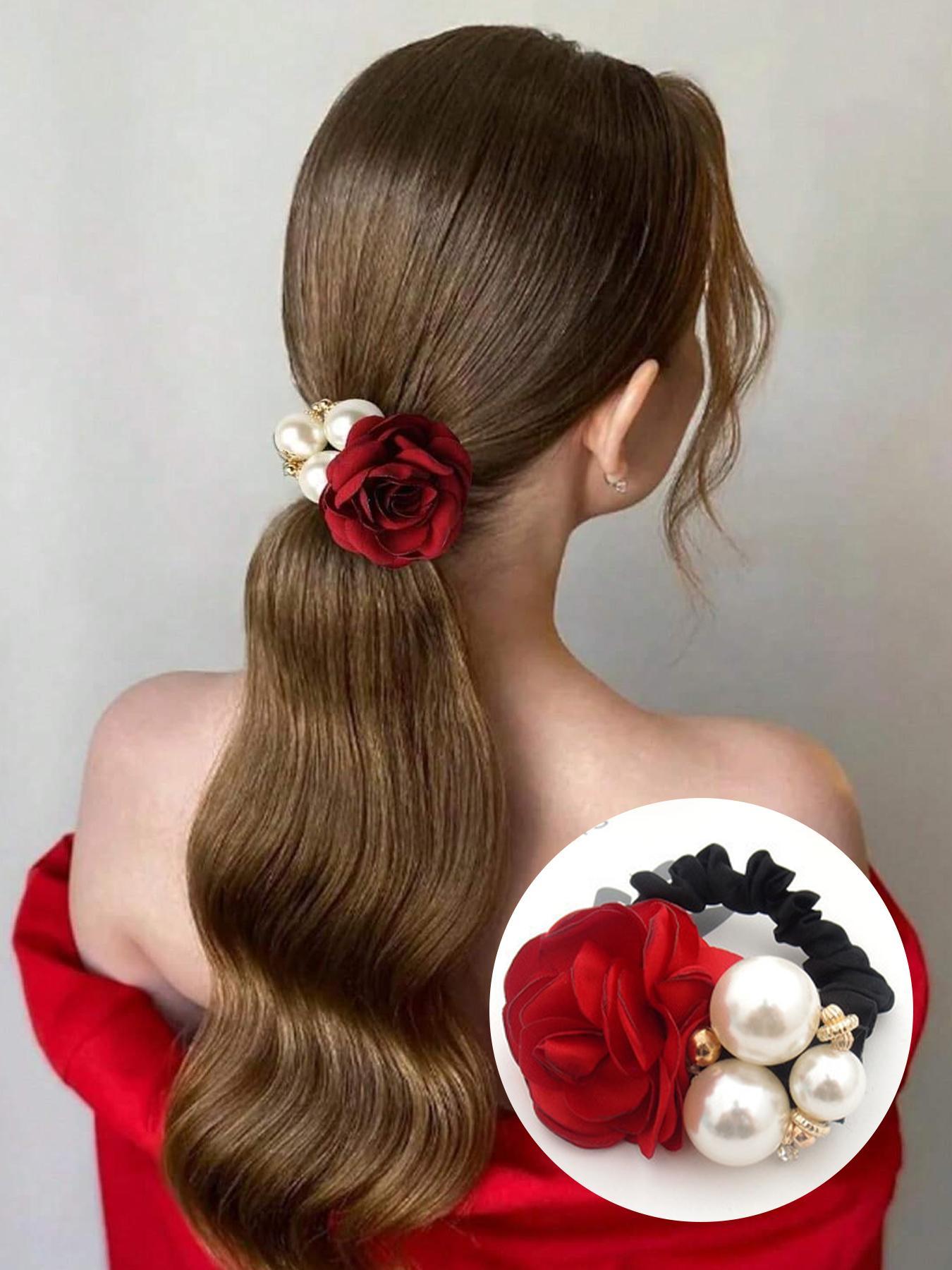 Mother's Day Gift Faux Pearl Decorated Flower Design Hair Tie, Gifts for Her, Elegant Fashionable Wedding Floral Hair Accessories for Women & Girls, Minimalist Rose Bow Headwear Suitable for Thick Hair, Bowknot, Hair Bows