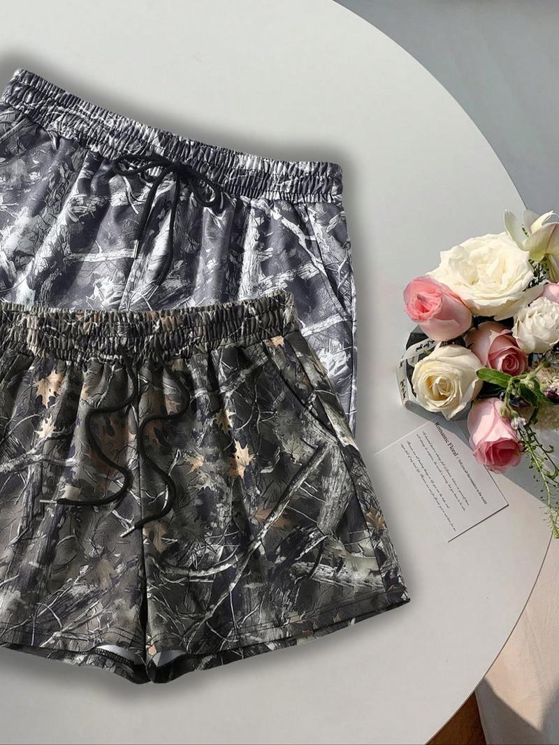 Women's Camo Print Tie Waist Shorts, Casual Comfy Breathable Shorts for Summer, Ladies Bottoms for Daily Wear, Womenswear, Lightweight Printed Shorts, Drawstring Shorts