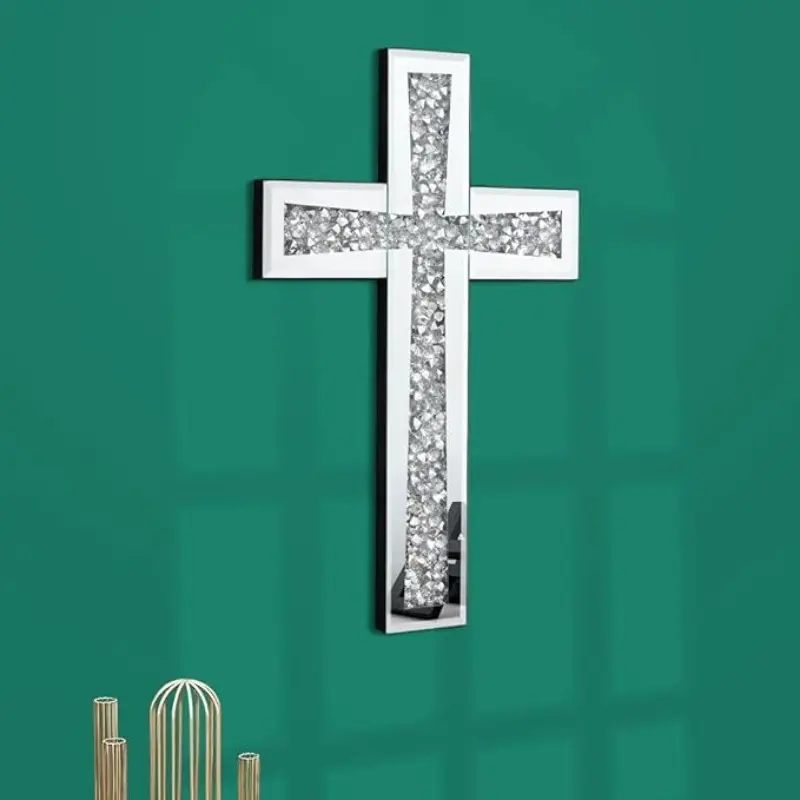 Silver Color Mirror Glass Cross Wall Decor, Crystal Rhinestones, Elegant Religious Home Decor, Religious Decorations, Religious Wall Art with Cross Design for Living Room and Bedroom