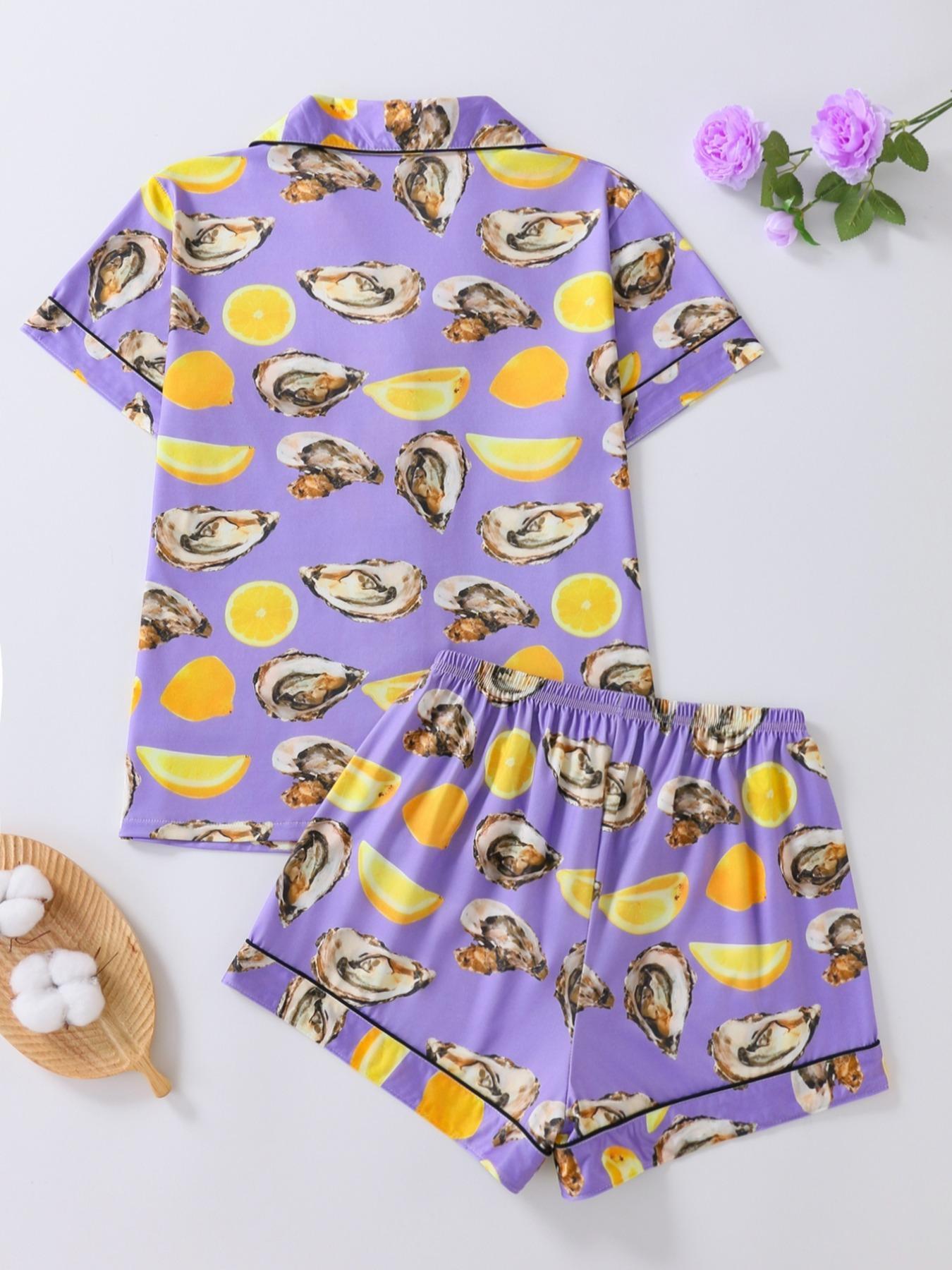 Women's All Over Print Shirt & Shorts Pyjama Two-piece Set, Casual Comfy Short Sleeve Top & Shorts Set, Ladies Sleepwear for All Seasons, Shorts Pj Set