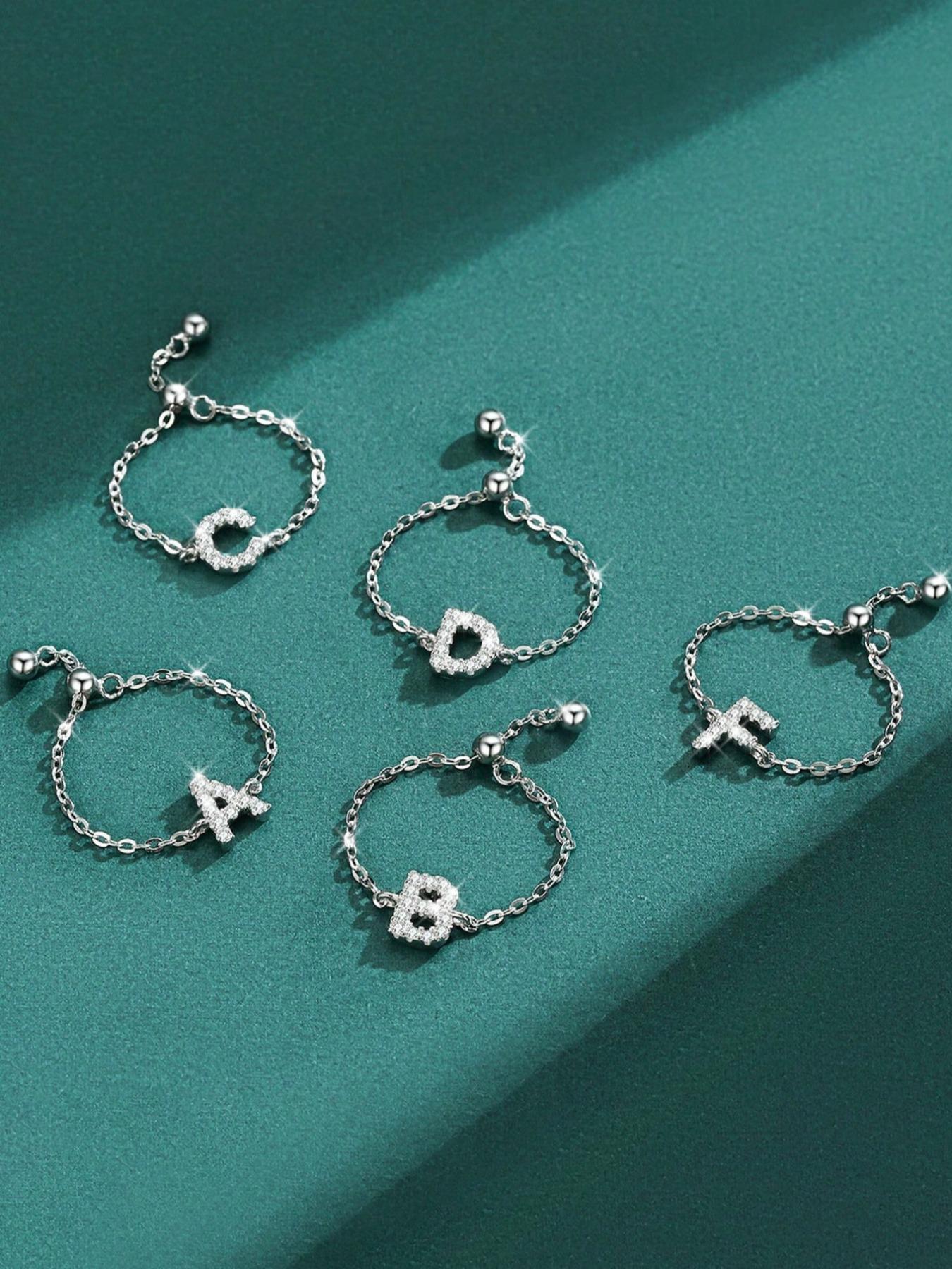 S925 Sterling Silver Initials Designed Artificial Zircon Decor Adjustable Chain Ring, Alphabet Design Ring, Personalized Daily Wear Ring, Fine Jewelry for Dating, Party, Wedding, Engagement, Anniversary Gift, Adjustable Rings