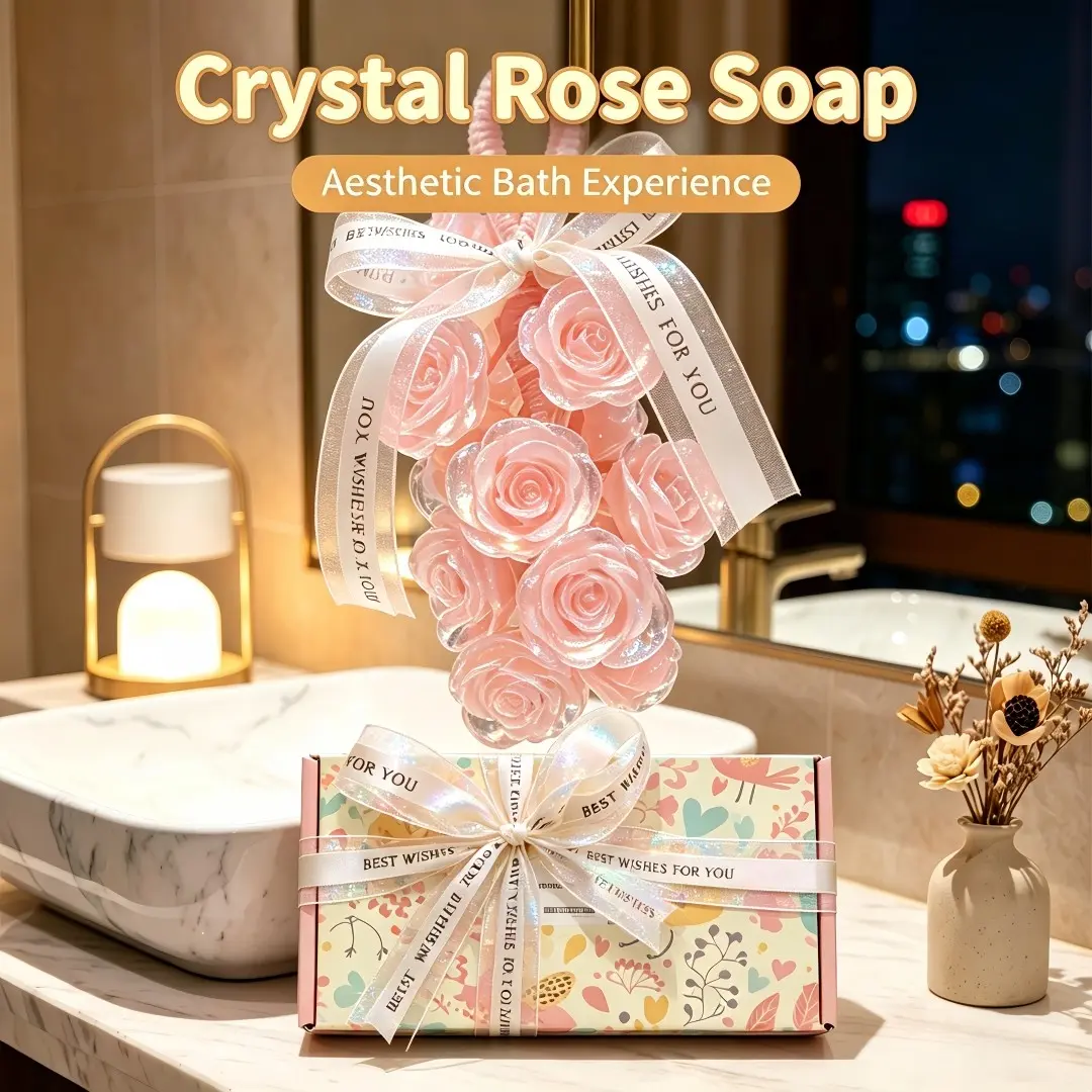 Rose Flower Handmade Soap, Solid Soap, Hanging Bath Soap, Bathroom Decor, Aesthetic, Gift Set with Bubble Net, Luxury Packaging, Cold Process Soap, Bar Soap, Bath Soap, Natural Soap, Herbal Soap, Soap on a Rope, Face & Body Soap
