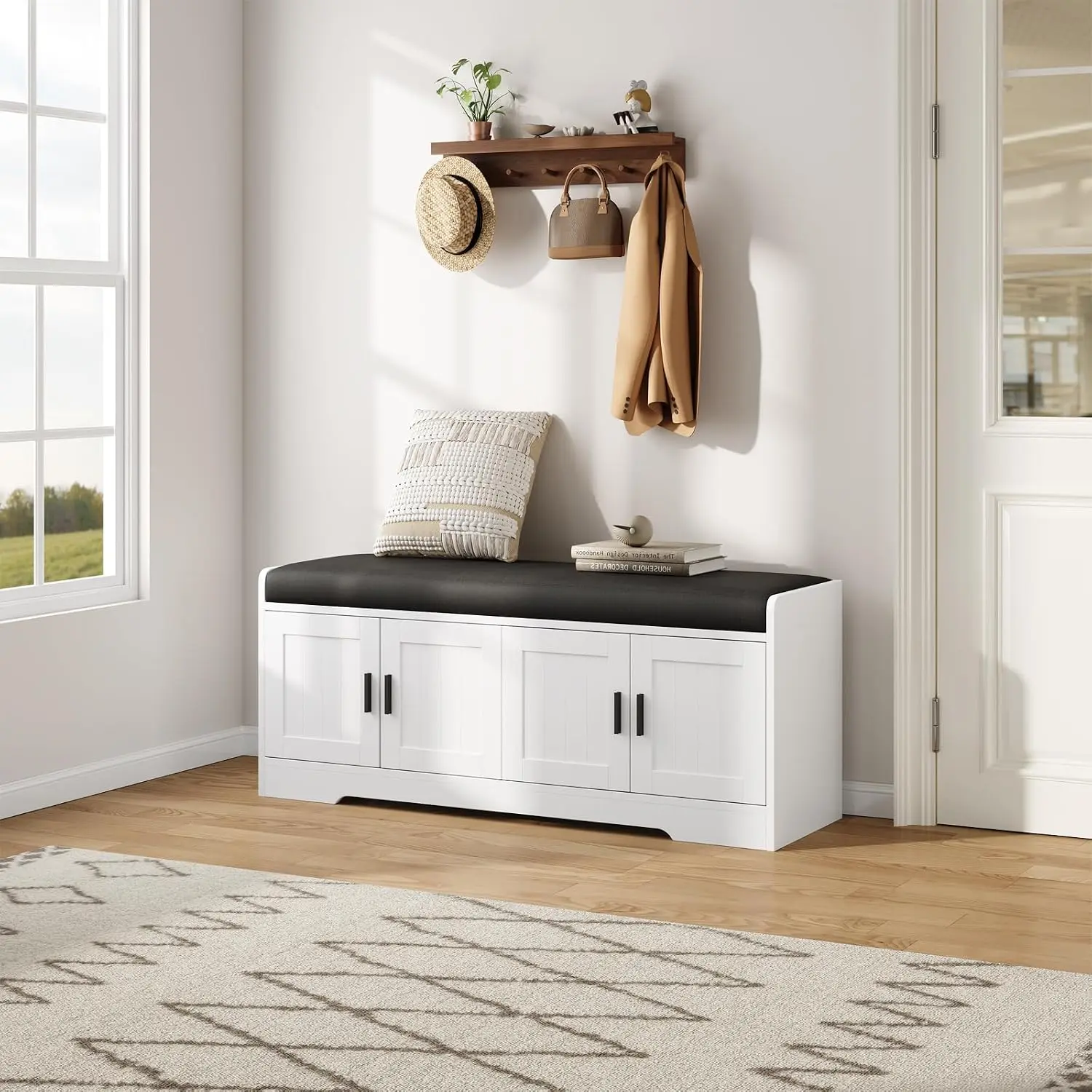 45'' Storage Bench with 2-Tier & Padded Cushion, Entryway Shoe Bench, 4 Doors Hidden Storage, Long Shoe Storage Bench, Thick Sponge Seat Cushion, Modern Entryway Decor, Easy Assembly, White/Black/Grey