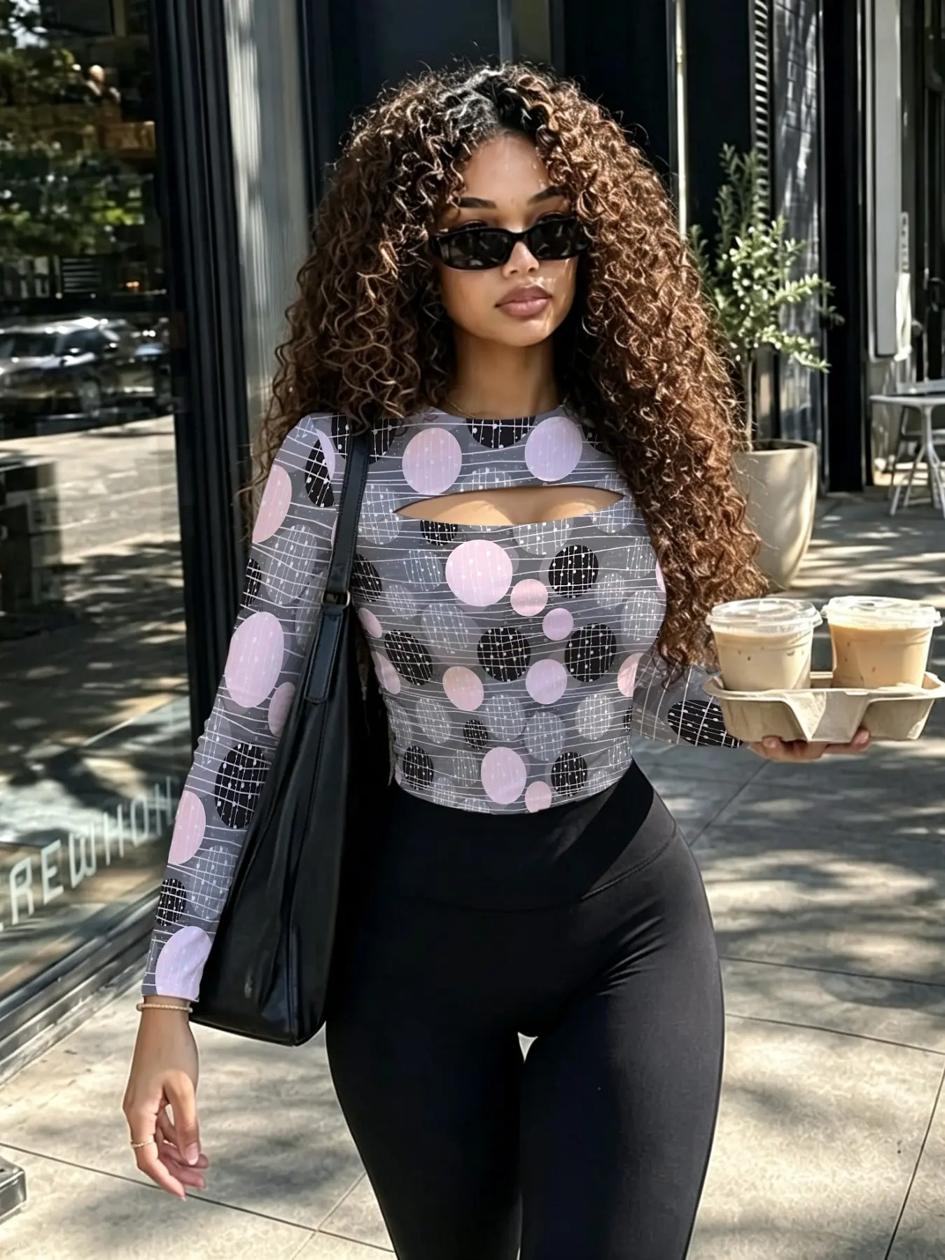 Polka Dot Plaid Digital Print Long Sleeve Top, Vintage Round Point Grid Print Women's Hollow Out T-Shirt, Y2K Sweet Girl Spring Autumn Shirt