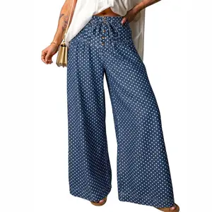Women's Soft Loose Sky Blue Cotton Polka Dot Wide-Leg Jeans - Casual Pants with Pleated Details, Button Closure, Adjustable Drawstring, Elastic Waist (Pairs with Crop Tops)