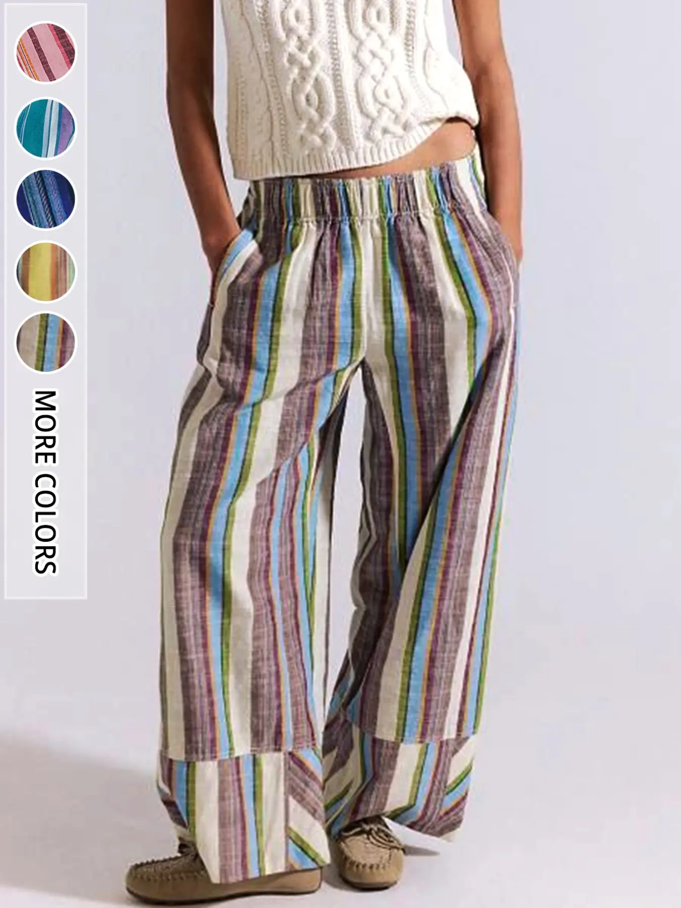 New Summer Autumn Colorful Striped Linen Lightweight Wide Leg Pants, Elastic Waist Patchwork Loose Slimming Vacation Style Casual Long Pants for Women