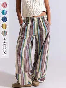 New Summer Autumn Colorful Striped Linen Lightweight Wide Leg Pants, Elastic Waist Patchwork Loose Slimming Vacation Style Casual Long Pants for Women