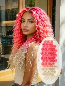 Boho-style curly synthetic braiding hair, featuring a peach-pink to gold ombre gradient and pre-stretched natural deep-wave texture; suitable for daily wear, parties, music festivals, and carnivals; available in 18-inch and 24-inch lengths.