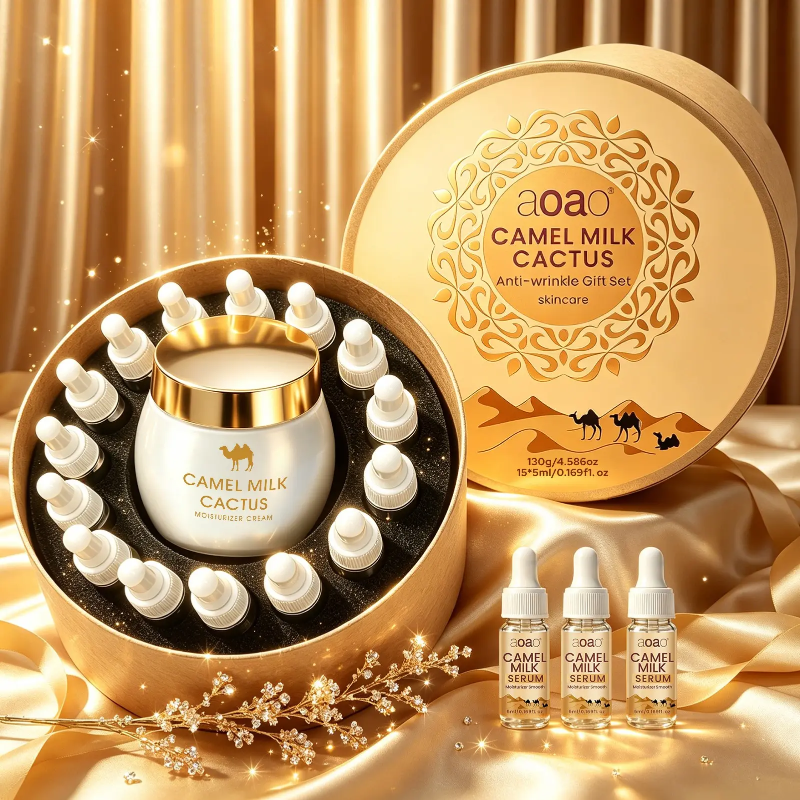 16pcs Anti-Wrinkle Face Care Set, Brightening Hydrating Kit, Hydrating Serum and Camel Milk Cream, Brighten, Tighten Pores, Smooth Skin, Texture Improvement Gift Box