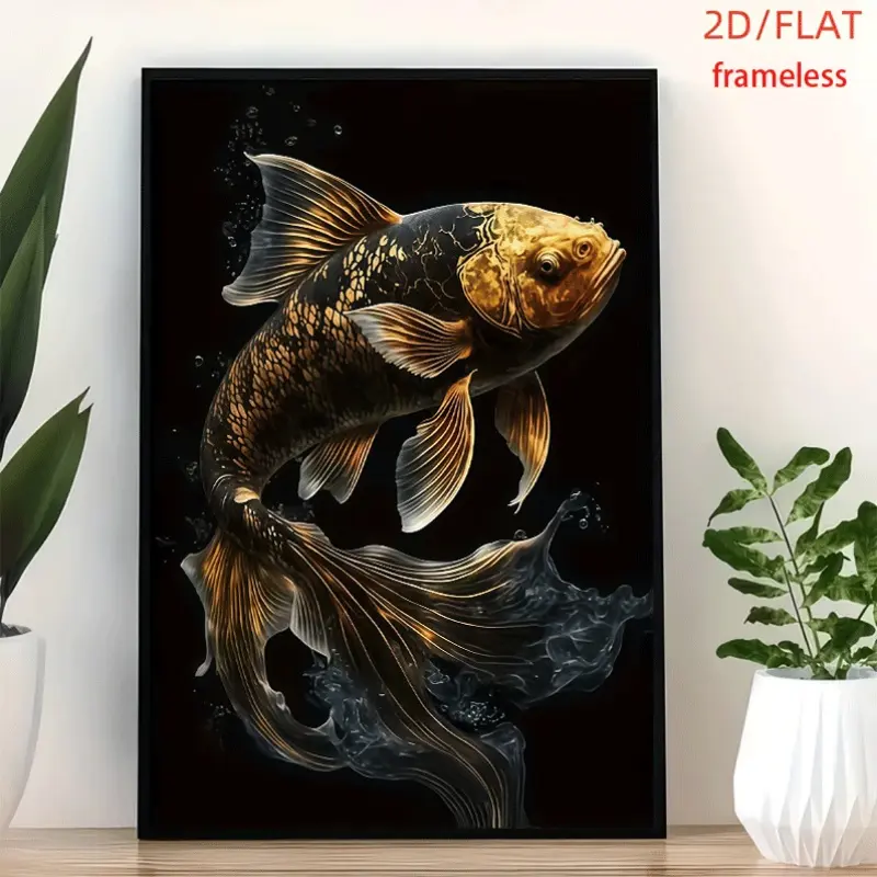 frameless Golden Koi Leaping For Fortune Luck Art Decor Print Poster, Wall Art for Living Room, Bedroom, Office, Dining Room & Bar, Perfect Gift & Home Decor, 12in x 16in