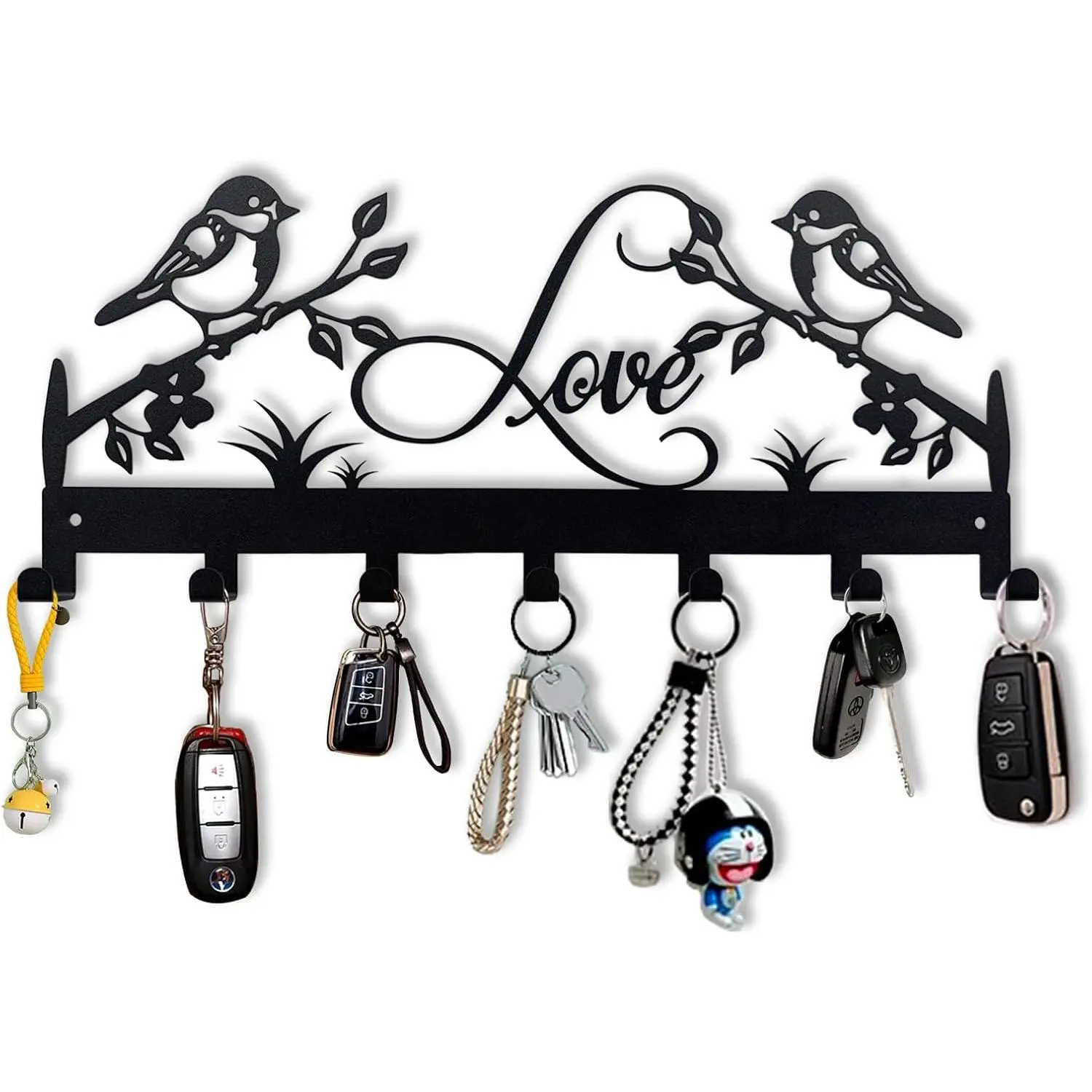 Metal Key Holder, Wall Mounted Key Hooks, Key Holder for Wall, Key Organizer Rack with 7 Hooks, Key Hanger Decor for Kitchen, Entryway, Hallway, Bedroom, Doorway (Birds 12IN)