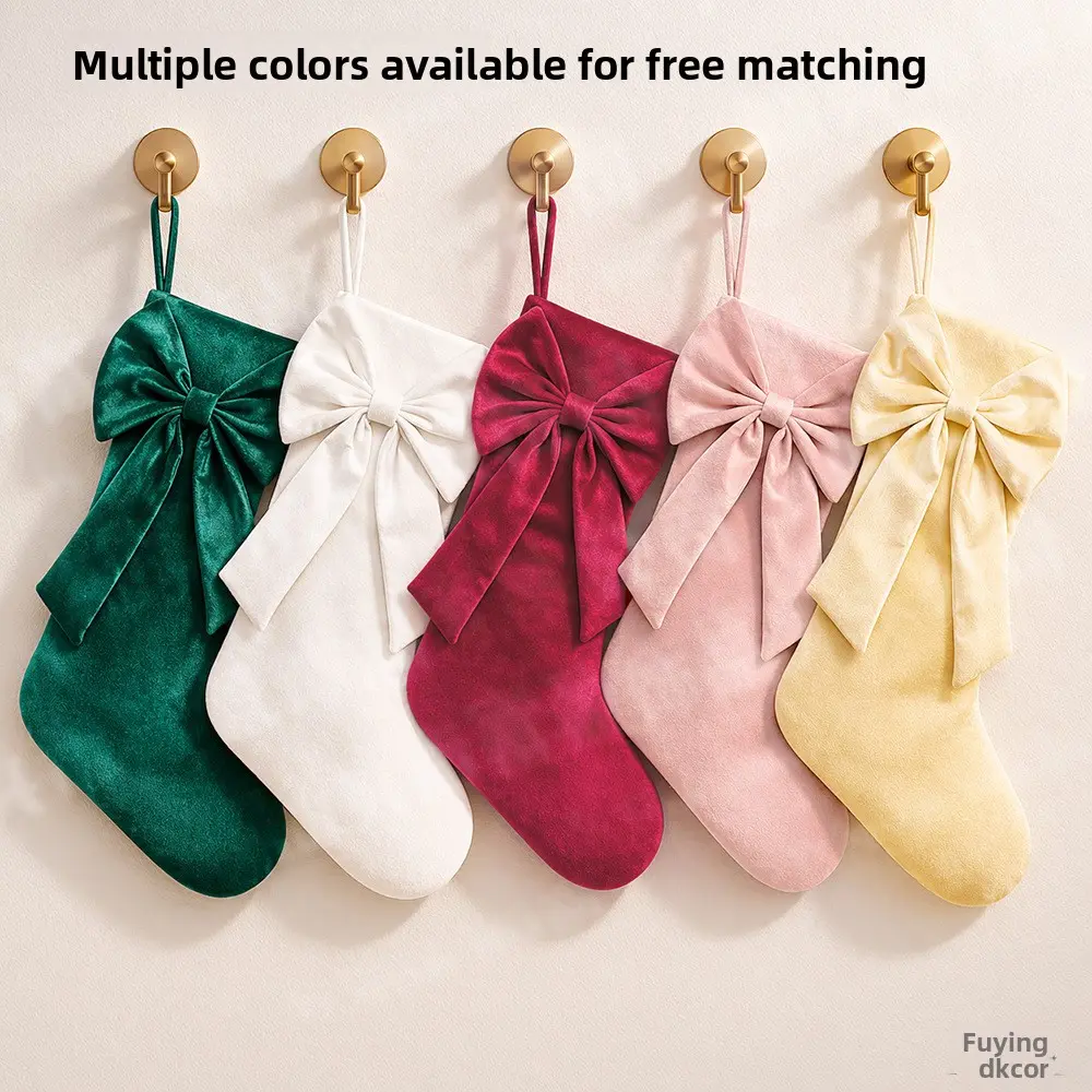 Christmas stocking with bow, fireplace hanging stocking 18inch velvet Christmas decoration gift bag candy bag for Christmas Pink