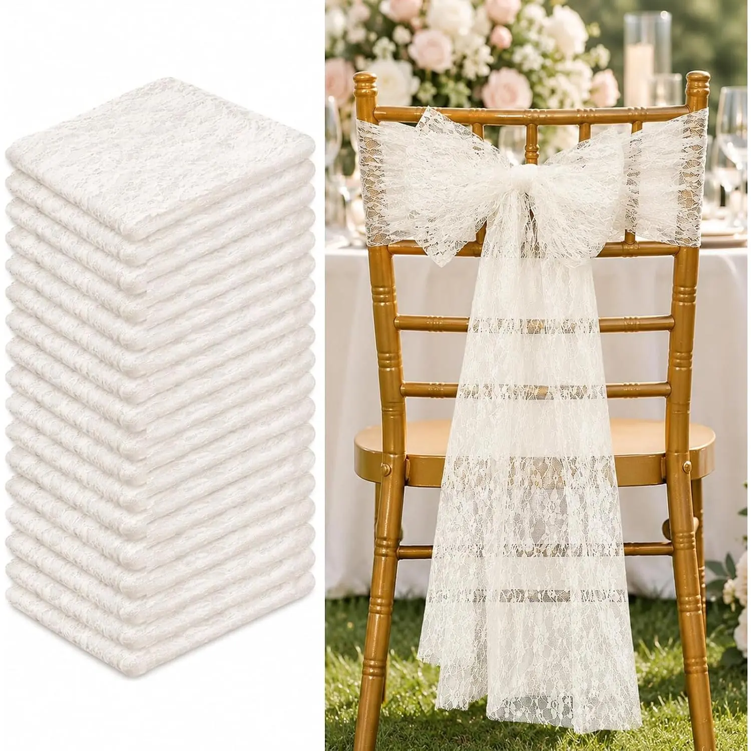 18 Pcs Ivory White Lace Chair Sashes, 7 x 108 Inch Floral Chair Bows for Wedding Reception, Bridal Shower, Baby Shower, Birthday and Banquet Decorations