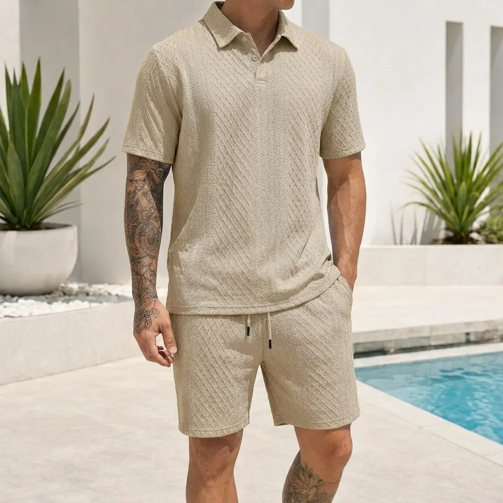 Men's 2 Piece Outfits with Textured Stripe Polo, Shortsleeve Summer Clothes & Patterned Shorts with Drawstring Waist, Menswear, 2 Piece Sets