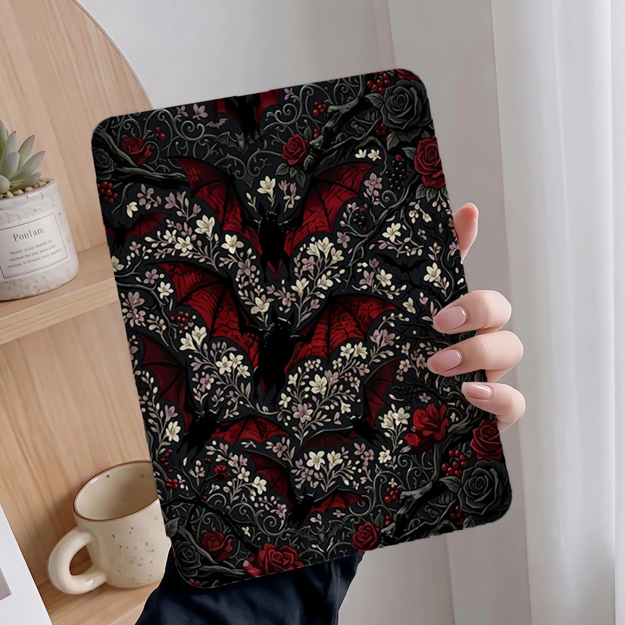 Gothic Red Rose Bat Tablet Case with Pencil Holder & Auto Wake Sleep for 2026 New iPad Pro 13/11 M4, Air 6 11/13, 10th Gen 10.9 (2022), Air 5/4, Pro 12.9 - Vintage Floral Dark Aesthetic Tablet Accessories Gift