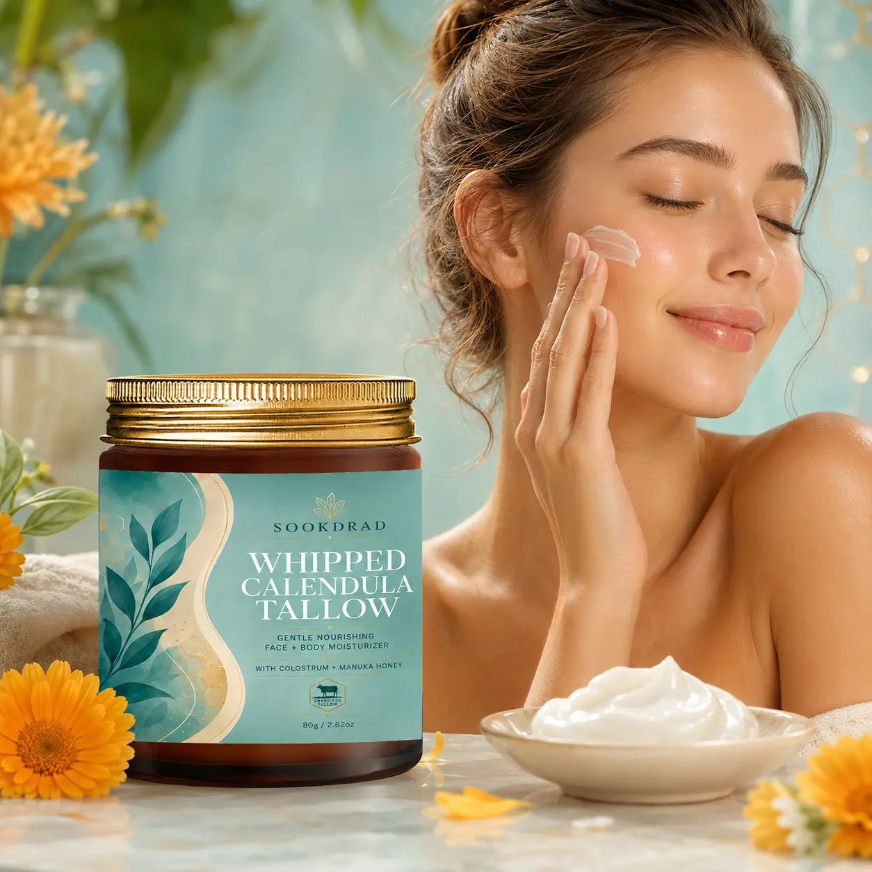 Whipped Calendula Tallow, colostrum, manuka honey, gentle nourishing, face and body moisturizer, grass-fed tallow, 2.82oz, 80g