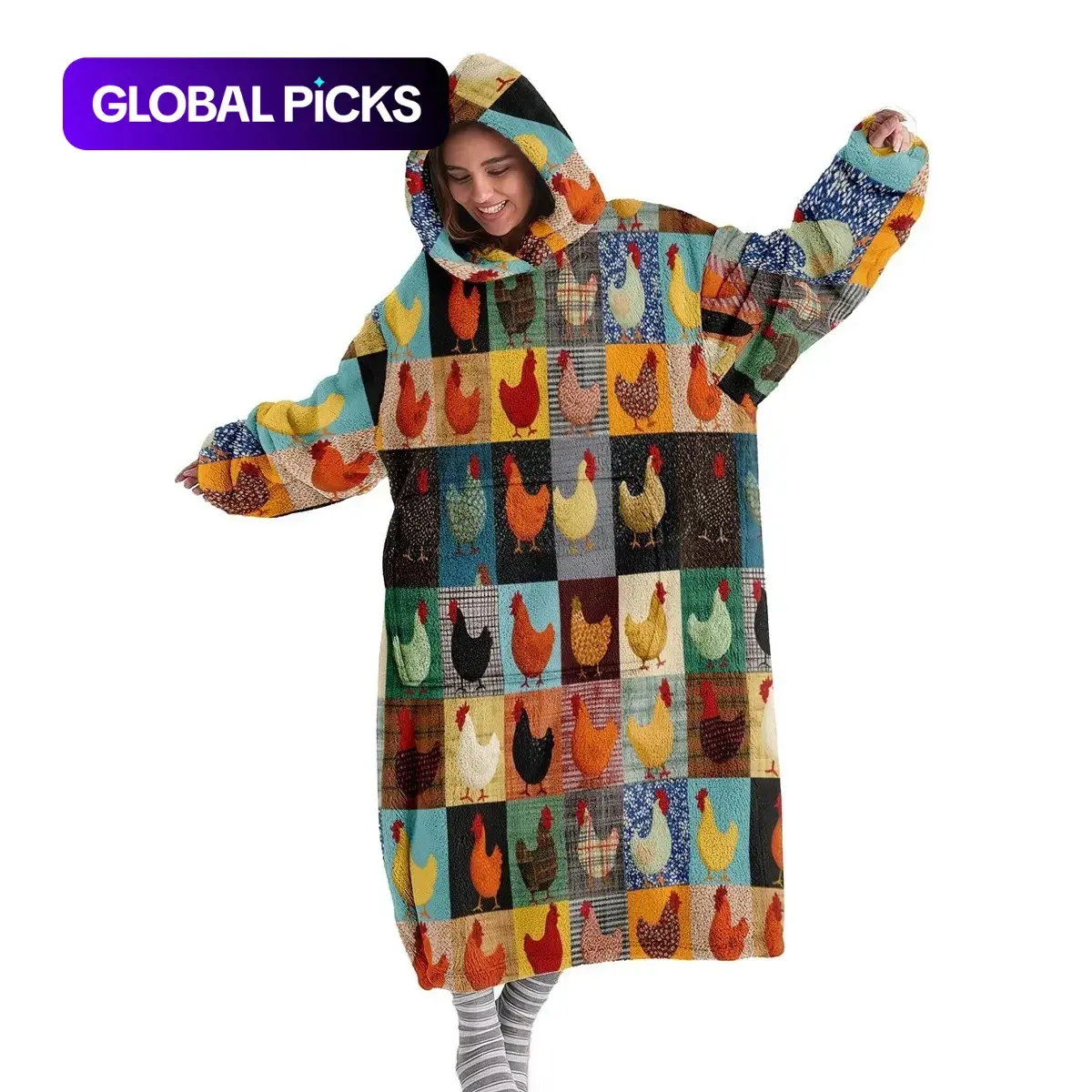 Wearable Hooded Blanket Throw, Patchwork Chicken Design Flannel Hoodie Blanket, Digital Print Soft & Warm, for Sofa, Office, Bed & Travel, Blanket for couch, Washable Funny Blanket, Christmas Gift #GLOBAL PICKS