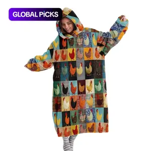 Wearable Hooded Blanket Throw, Patchwork Chicken Design Flannel Hoodie Blanket, Digital Print Soft & Warm, for Sofa, Office, Bed & Travel, Washable Funny Blanket, Christmas Gift #GLOBAL PICKS