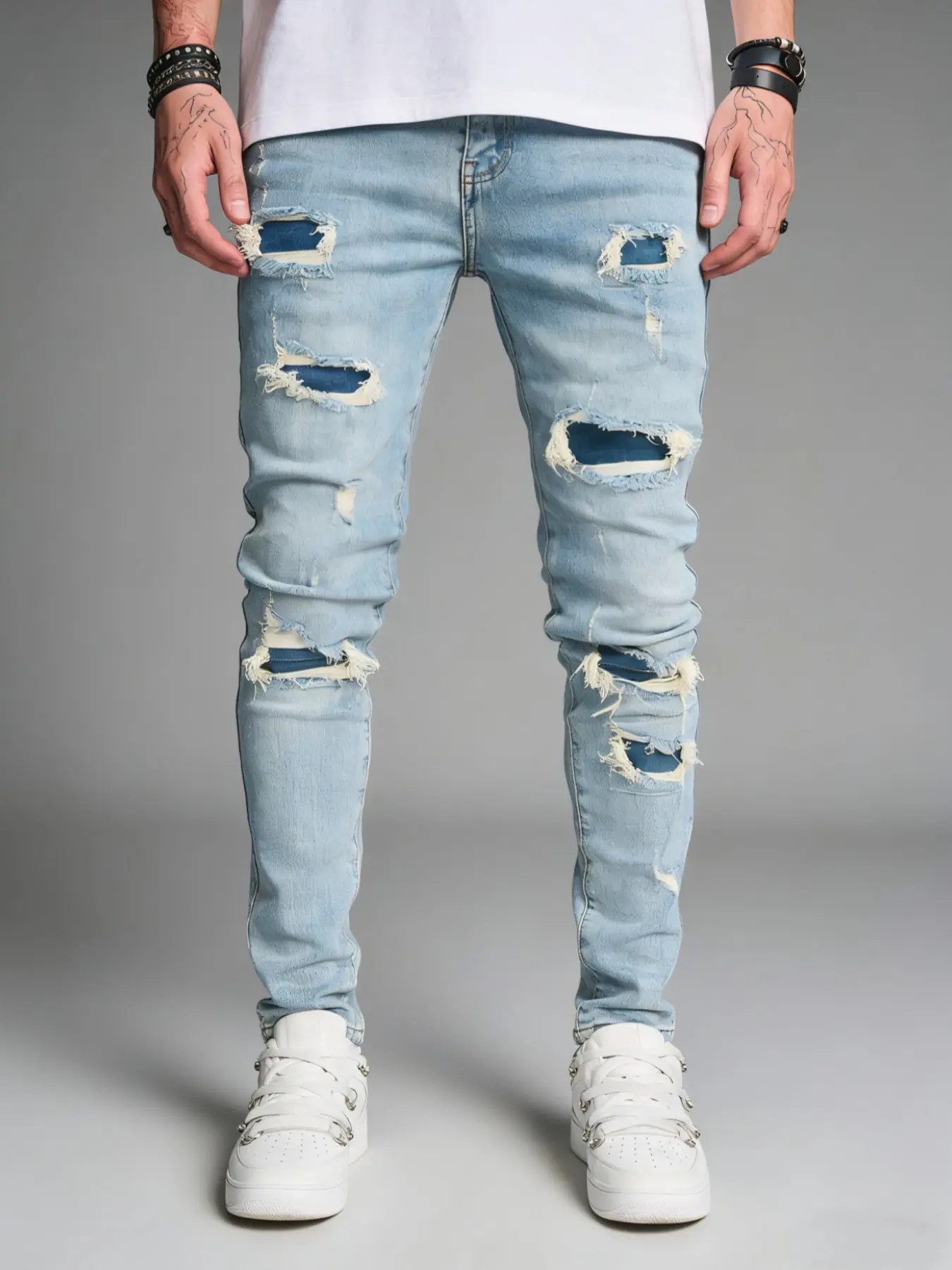 Men's Denim Jeans Casual Korean Style Trendy Ripped Slim Fit Patched Elasticity Jeans, Comfortable and Stylish Men's Fashion Pants