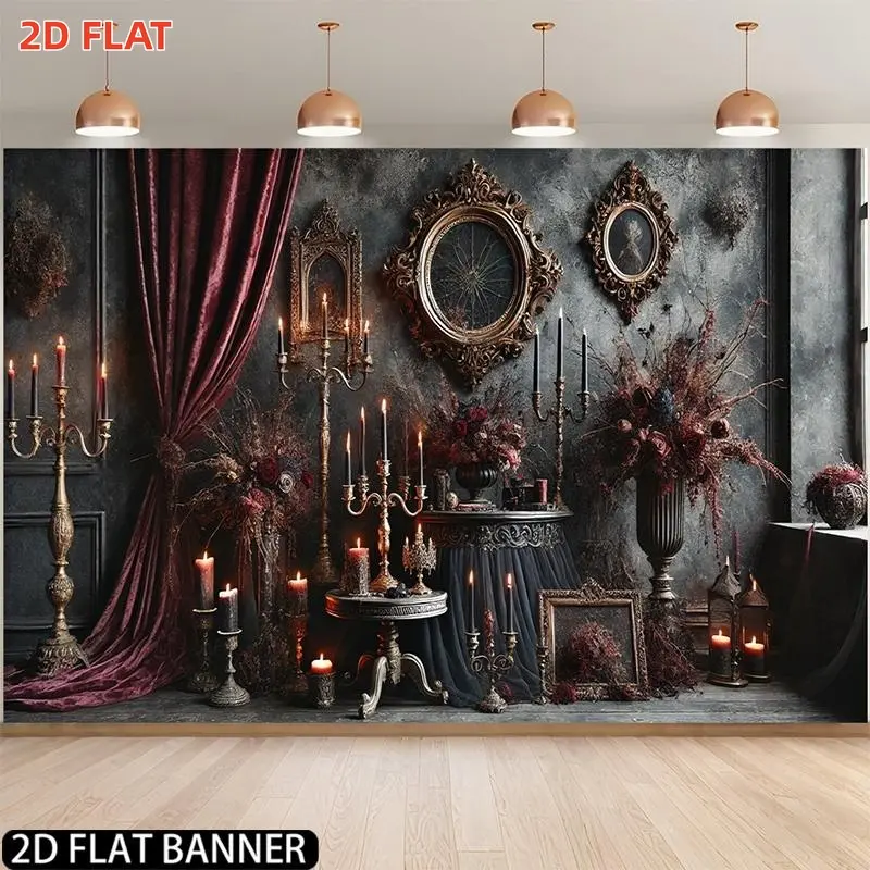 2D Flat, 1pc banner for Halloween Present, a Christmas Present: a Single Piece Gothic-Themed Backdrop Featuring an Elegant Dark Victorian Mansion Design with Burgundy Flowers. It Requires No Electricity And Is Easy to Hang, Making