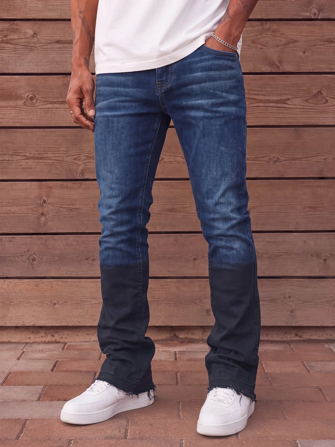 Men's Vintage Micro Flare Jeans, Slim Fit Small Leg Bell Bottom, Washed Distressed Bleached Design, Trendy Casual Long Pants