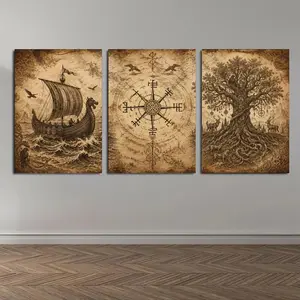 Viking Norse Mythology Triptych Canvas Wall Art, Vintage Nautical Compass,& Tree of Life Print, Rustic Decor for Living Room Bedroom Office Man Cave, Available as Unframed Canvas Poster or Framed Canvas Wrap