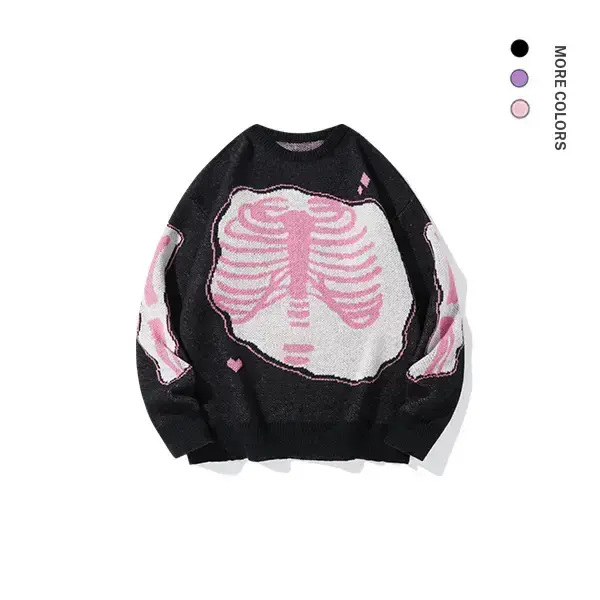 Women's Loose Knitwear Sweater - Longsleeves Round Neck, Skull Skeleton Print, Soft Fabric, Black with Unique Pink Bone, Multi Color Options, Casual Hangouts Essential, Matches Chinos/Jeans, NO:2623, Fit, Top, Funny